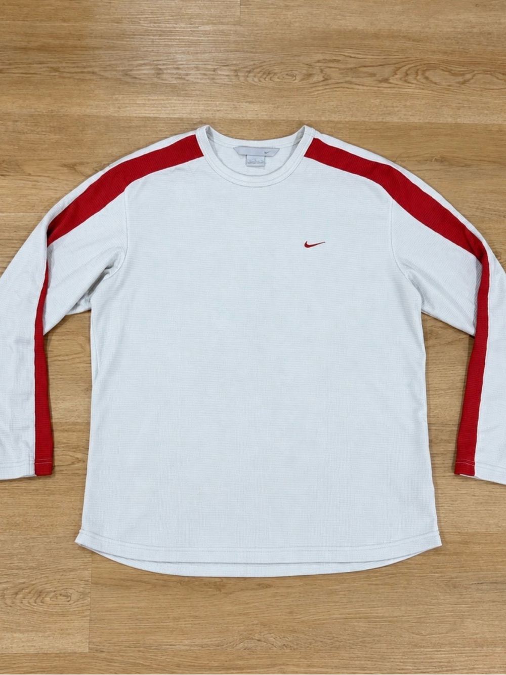 Nike White Long Sleeve Tee with Red Shoulder Stripes
